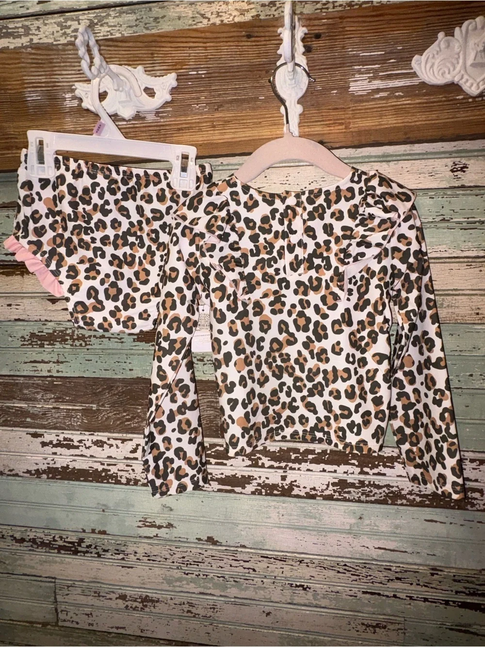 NEW Mud Pie Leopard Print Girls Swim 2 pc Bathing Suit Set - White, Brown, Black